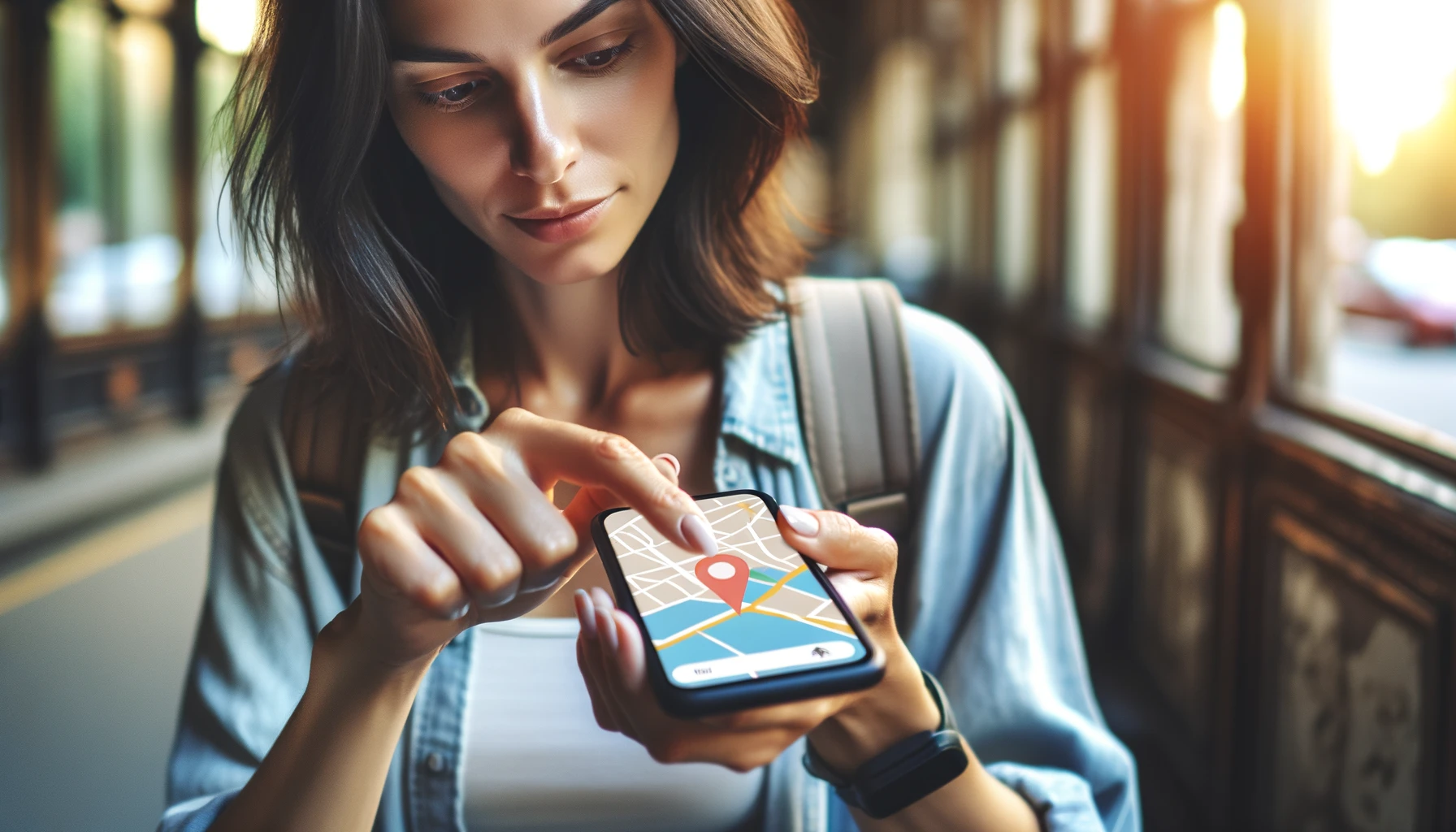 A woman using a modern smartphone to check her location via online GPS tracking