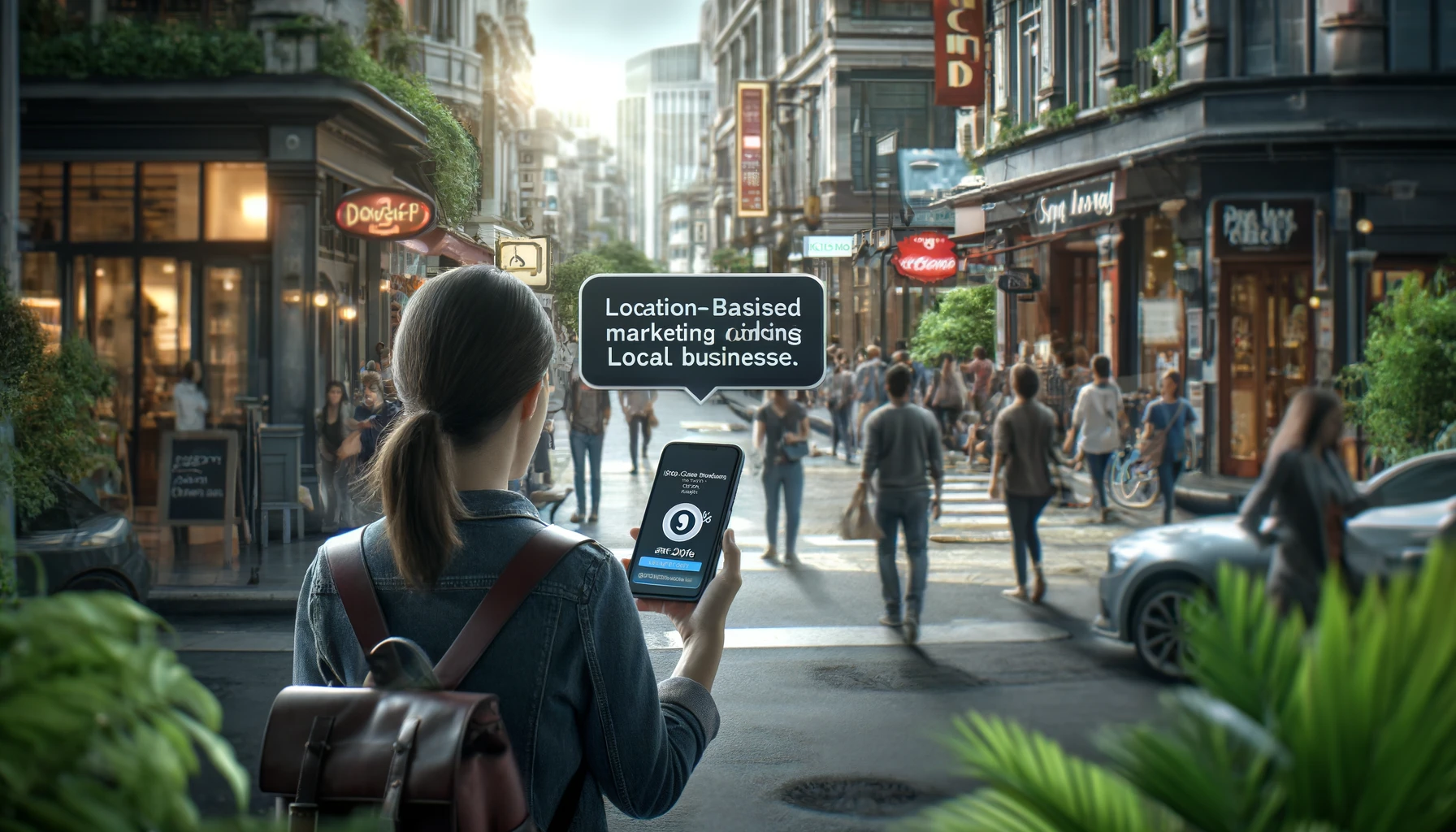 woman walking on a lively city street, looking at their smartphone which shows a discount notification from a nearby coffee shop