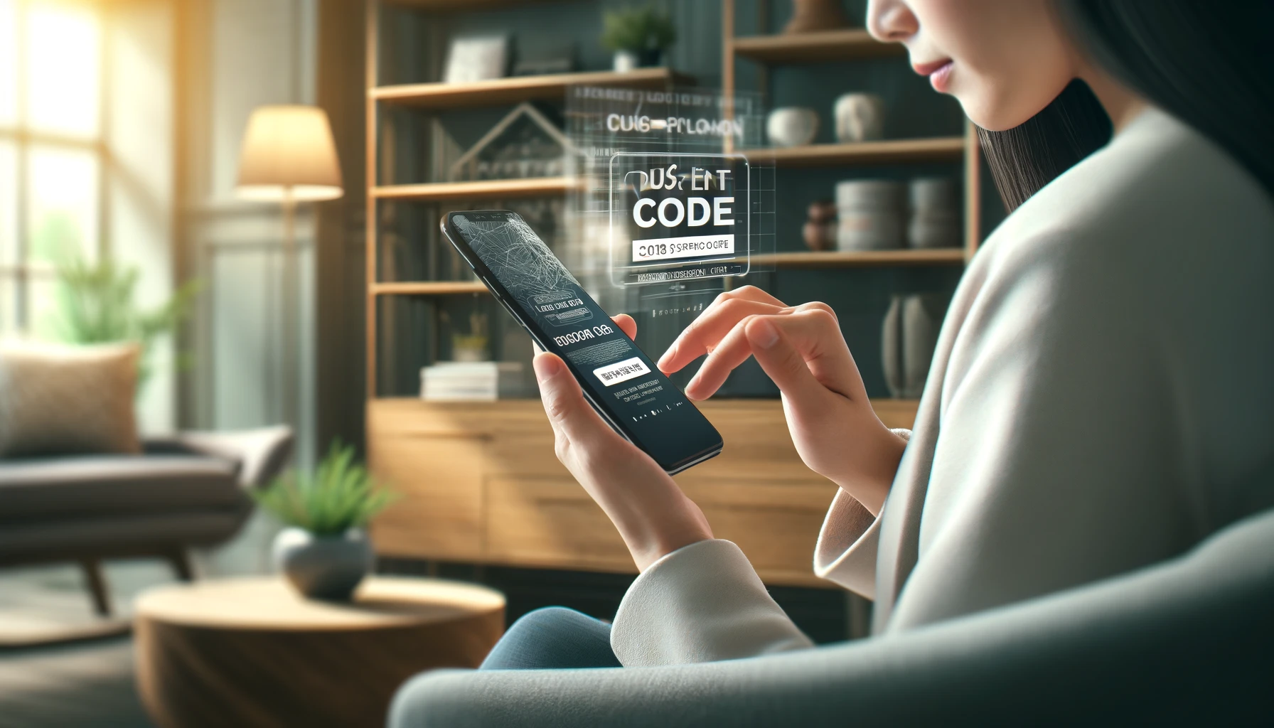 the woman sitting comfortably on a stylish sofa. She is focused on her smartphone, which displays a promotional code entry screen