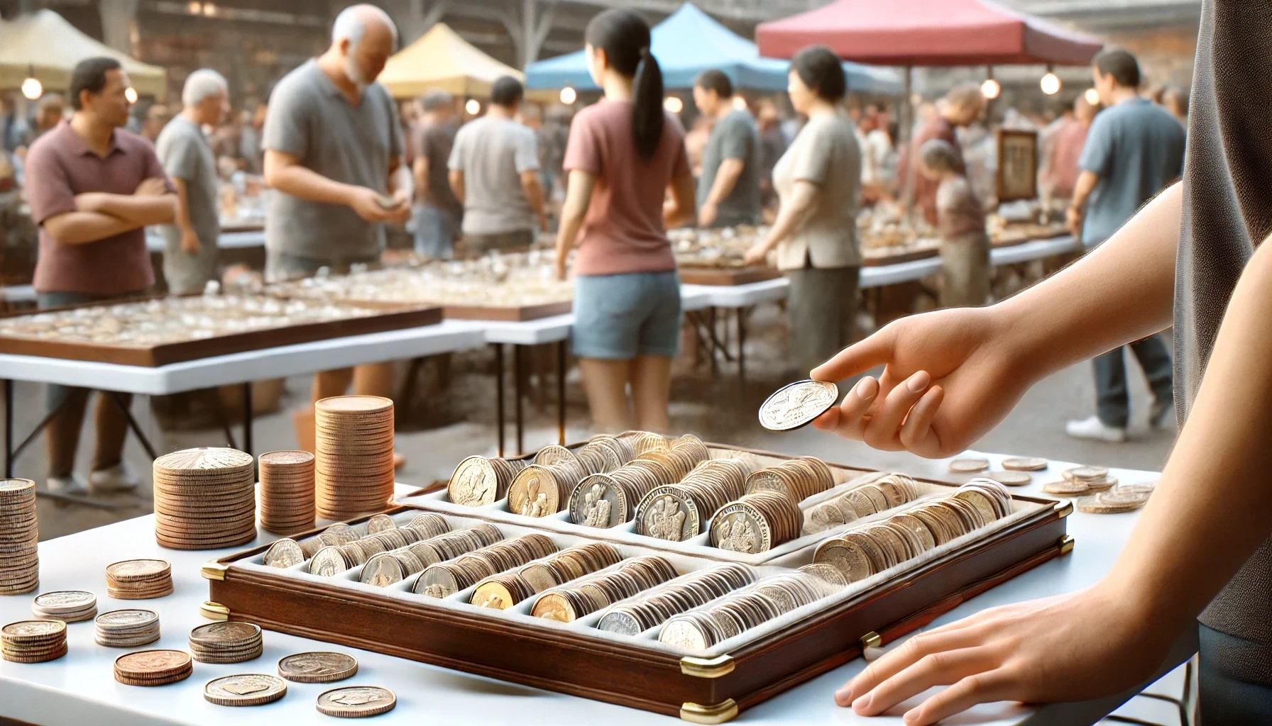 A seller is showing a collection of rare coins at a local market.