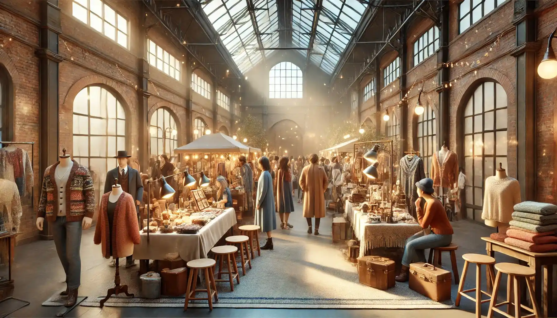A cozy indoor artisan market featuring stalls with handmade crafts, vintage clothing, and unique products