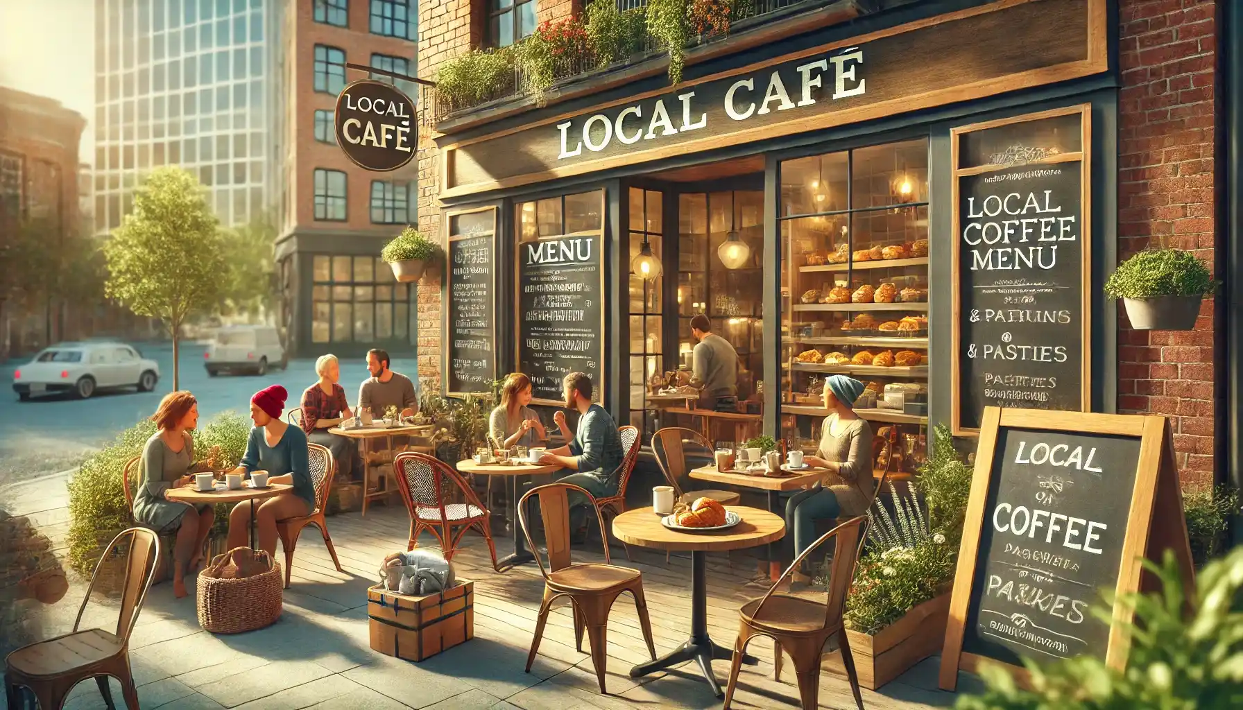 a small-town local café with an inviting outdoor seating area.
