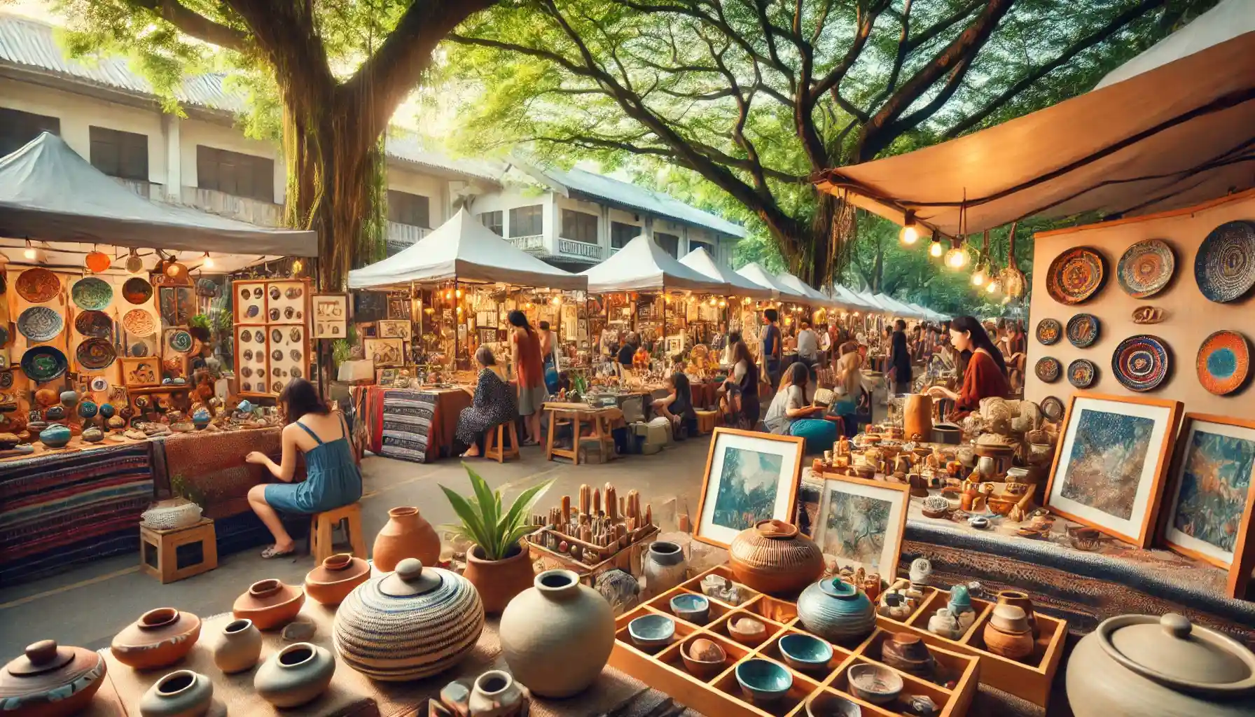 A lively artisan craft market featuring vendors displaying handmade pottery, jewelry, and artwork. 