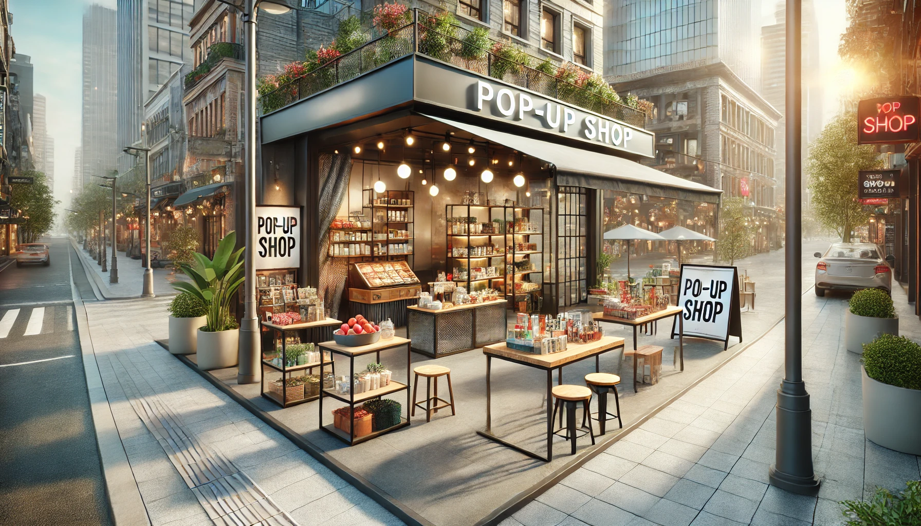 a pop-up shop setup in an urban setting. The shop features a modern, stylish design with attractive signage, and products neatly displayed on tables and shelves. The background shows a cityscape with shops, cafes, and streets.