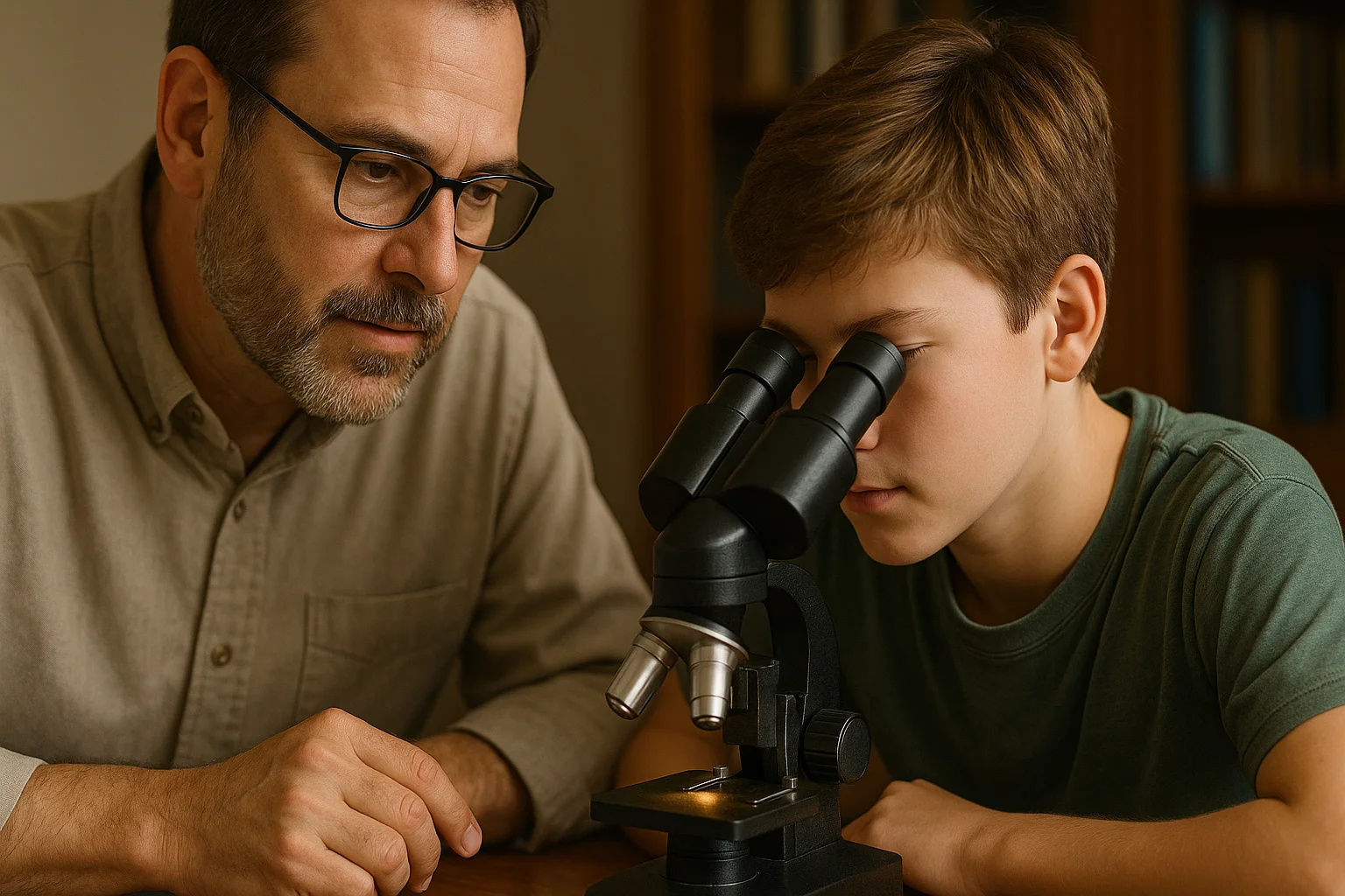 A collector teaches a young student how to examine a Lincoln Wheat Penny under a microscope, focusing on the mint details.